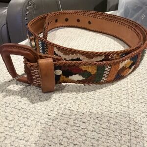 Embroidered Southwestern Design Belt Edge Laced‎ onto Leather Size 42 Unisex
